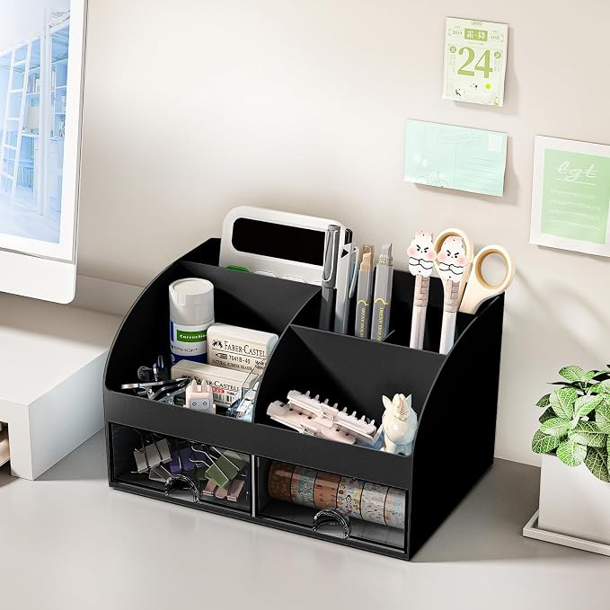 COMFYROOM Desk Organizer with 6 Compartments and 2 Drawers, Plastic Makeup Organizer, Pen Holder for Desktop Storage, Desk Organization for School, Home, Office Supplies Black-2Pack - Image 3