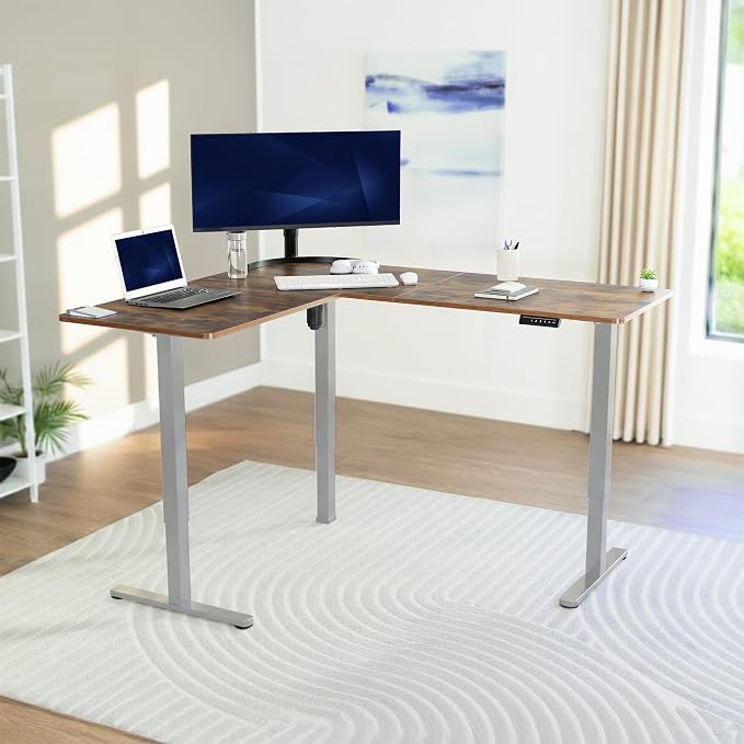 VIVO Vintage Brown 63 x 55 in Corner Standing Desk, DESK-E3CTGN | Electric, Reversible L-Shaped Table, Sit Stand, Height Adjustable, Memory Controller, Office Furniture Sets, Gray Frame - Image 2