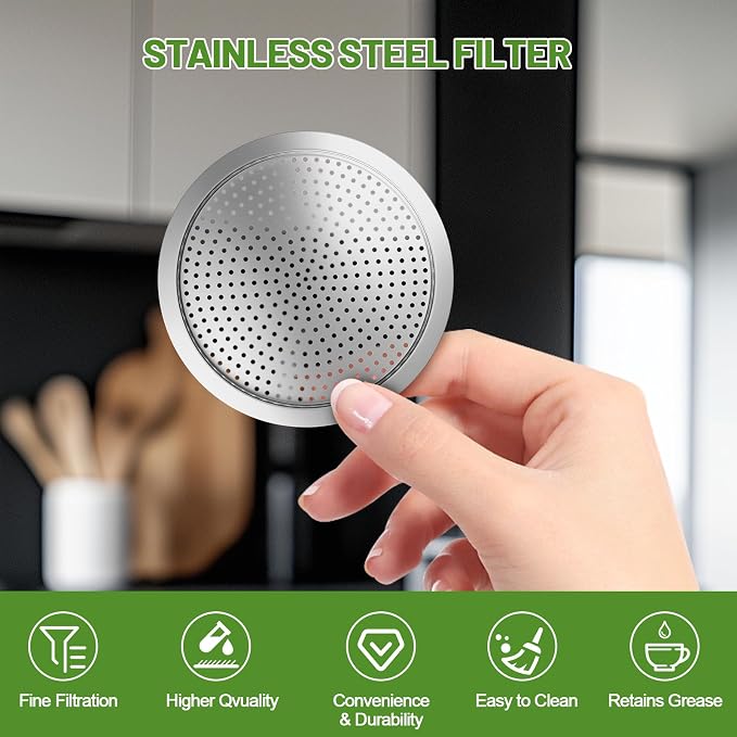 2 Pcs Filter with 3 Pcs Silicone Gasket Seals for 6 Cup Stovetop Espresso Coffee Maker Replacement Parts for 304 Stainless Steel Moka Pot - Image 5
