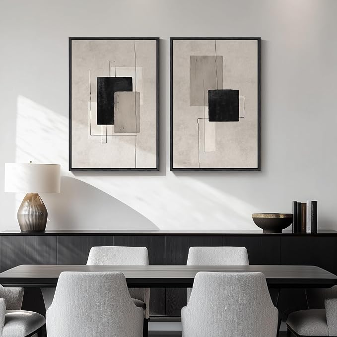 Framed Neutral Abstract Wall Art Set of 2, Black Beige Modern Canvas Prints Paintings Artwork for Walls, Minimalist Block Lines Pictures for Living Room, Dining Room, Bedroom Wall Decor 16x24 In - Image 4