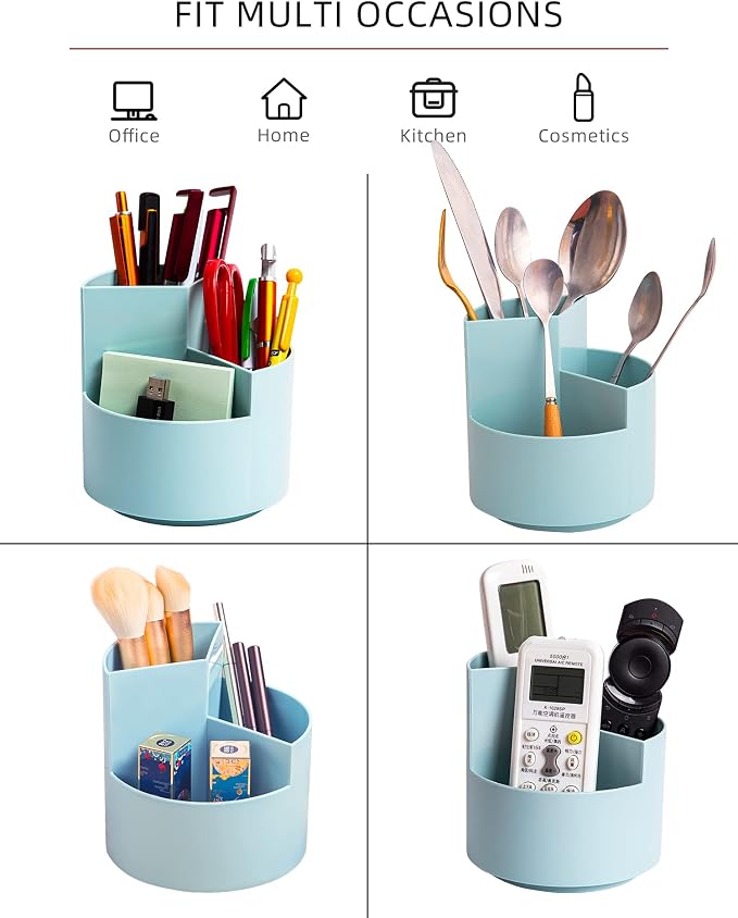 Desk Pencil Pen Holder, 3-Slot 360 Spinning Desk Organizer, Cute Pencil Cup Pot for Office, School, Art Supply - Blue - Image 5