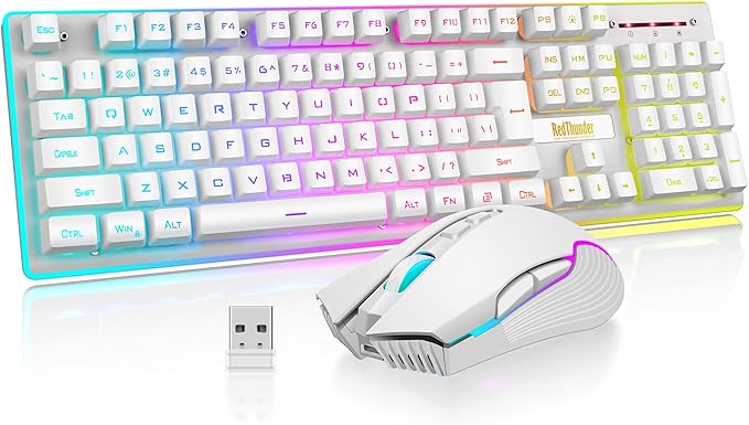 RedThunder K10 Wireless Gaming Keyboard and Mouse Combo, LED Backlit Rechargeable 3800mAh Battery, Mechanical Feel Anti-ghosting Keyboard + 7D 3200DPI Mice for PC Gamer (White) by RedThunder