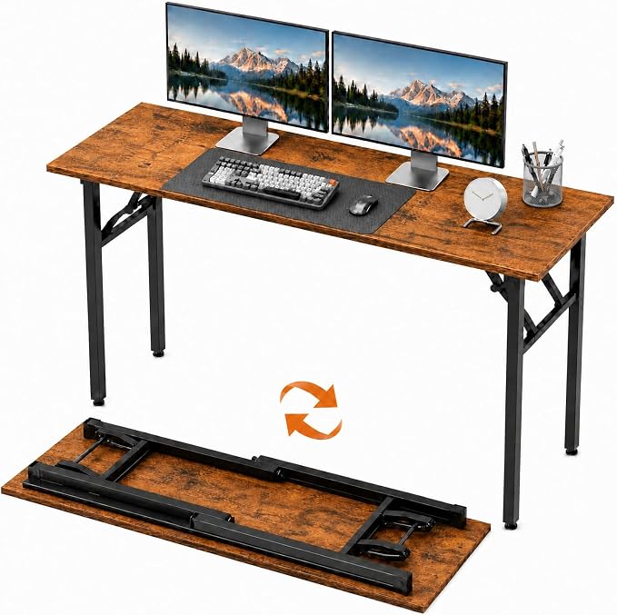 Folding Table Computer Desk - 55.1" No Assembly Folding Desk Design and Foldable Office Desk, Small Desk for Bedroom, Compact Storage Portable Use for Dorm and RV Small Space, Rustic Brown by HMFOR
