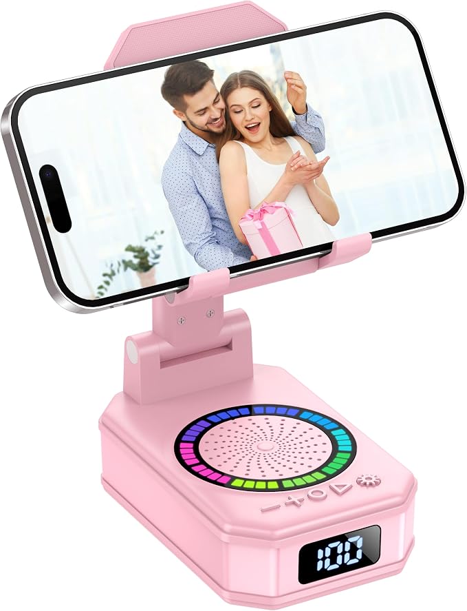 Gifts for Women, Phone Stand with Wireless Bluetooth Speaker and Anti-Slip Base, Gadgets for Anniversary Idea Gift, Phone Charger Stand with LED Lights, Kitchen Gadget Compatible with IOS Android by buwy