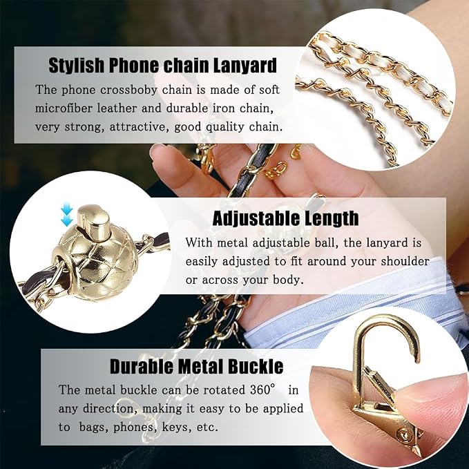Phone Crossbody Chain Cell Phone Lanyard,Universal Leather+Metal Shouder Strap with Phone Tether Patches (H) - Image 2