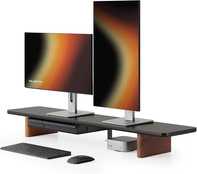 Fenge 42.5" Monitor Stand with Storage Drawers, Minimalist Monitor Riser with Solid Ash Legs and Cable Management, Wooden Desk Shelf for Home Office Workspaces, Black by Fenge