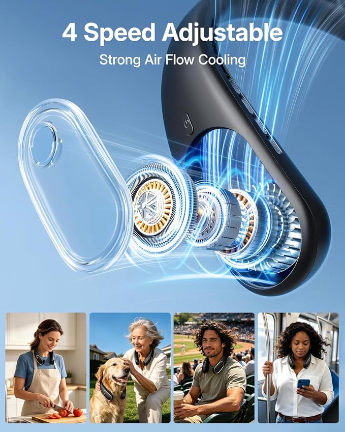 SHEWIND Portable Neck Fan - 5000mAh Rechargeable Hands-Free Wearable Fan | 4 Speeds, Bladeless & LED Display | Personal Cooling Fan for Travel, Outdoors, Camping - Black - Image 3