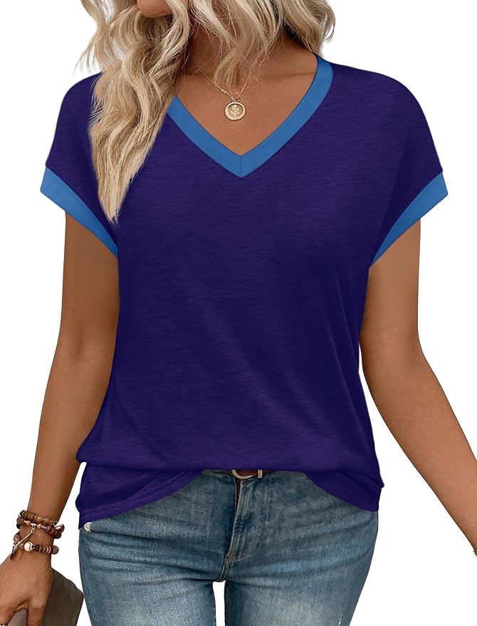 WIHOLL Womens Summer Tops 2026 Cap Short Sleeve Shirs V Neck T Shirts Fashion Beach Vacation Clothes Color Block - Image 2