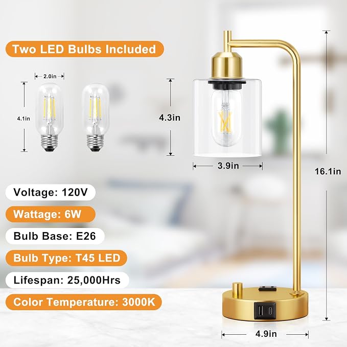 Innqoo Industrial Table Lamp for Bedroom Set of 2 - Fully Dimmable Bedside Lamps with USB Ports and Outlet, Gold Nightstand Lamps with Clear Glass Shade for Living Room, Desk Lamps for Office Reading - Image 7