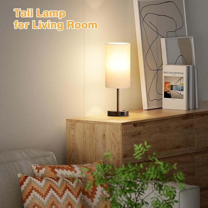 Dicoool 17.4" Bedside Lamp for Bedroom - Dimmable Touch, USB A+C, AC Outlet | LED Bulb Included, 3-Way Dimmable, 17.4" Table Lamp for Living Room, Dorm, Beige Fabric Lampshade, Brown Metal Base - Image 6
