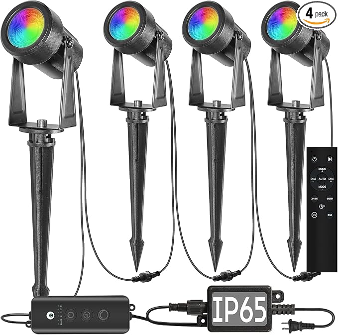 SUNTHIN Outdoor Landscape Lighting with Dusk to Dawn Sensor Controller & Remote, RGBW Color Changing Spot Uplights, 4 Pack by SUNTHIN