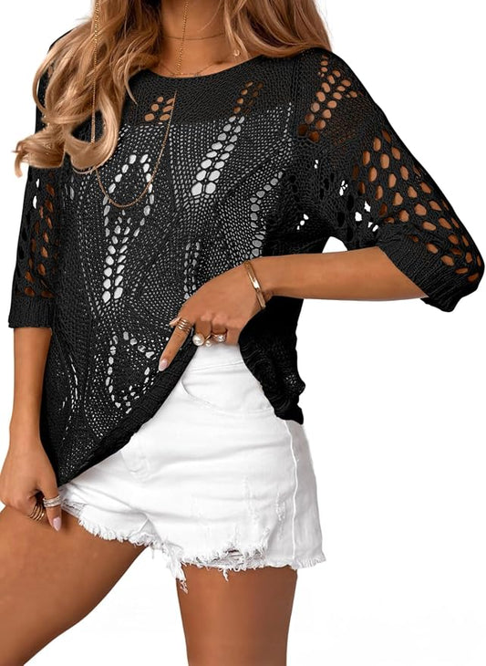 EVALESS Womens Crochet Hollow Out Knit Tops Half Sleeve Spring Summer Sweaters Beach Cover Ups for Women Trendy 2026 by EVALESS