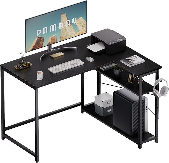 Pamray 43 Inch L Shaped Computer Desk with Reversible Side Storage Shelves, Small Corner Desk for Small Space Home Office,Writing Study Table Gaming PC Desk for Bedroom,Black by PAMRAY
