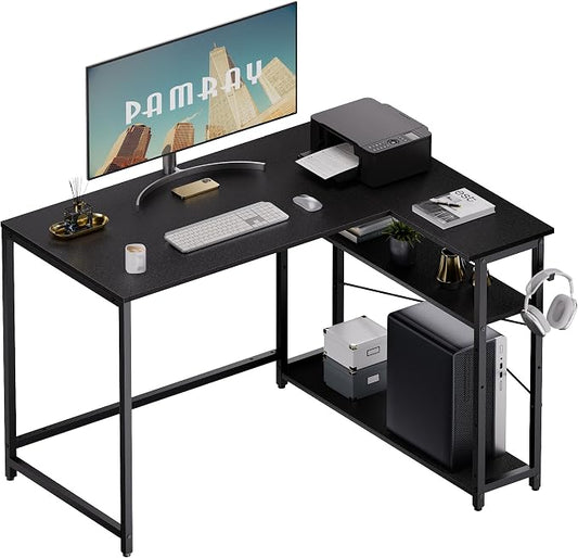 Pamray 43 Inch L Shaped Computer Desk with Reversible Side Storage Shelves, Small Corner Desk for Small Space Home Office,Writing Study Table Gaming PC Desk for Bedroom,Black by PAMRAY