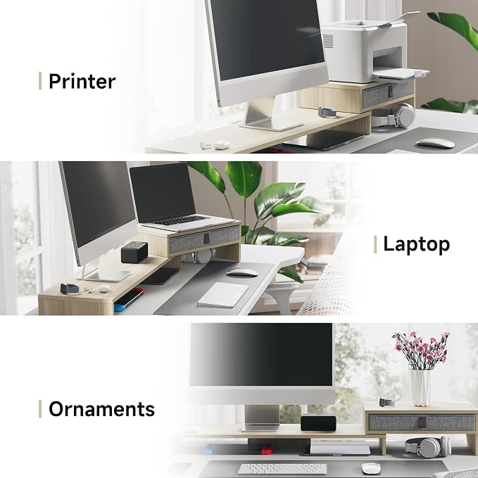 Fenge Computer Monitor Riser Stand with Drawer for 2 or 3 Monitors ,Adjustable Length and Angle Desktop Laptop Stand,Office Organizer,Printer,Oak - Image 6