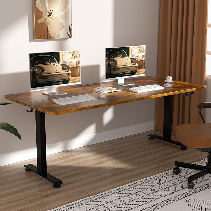 Veken Standing Desk, 63×27.6 Inch Electric Gaming Table, Brown | Height Adjustable Sit Stand Up Computer Tables for Home Office, Study , Writing, Suit students, employees and group work by Veken