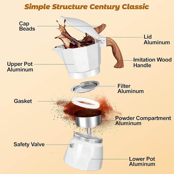 3 Cup Aluminum Moka Pot Classic Stovetop Espresso Coffee Maker 150ml 5oz Coffeemaker Percolator Mocha Pot Greca Coffee Maker Cafe Makers for Italian and Cuban Café Brewing White - Image 3