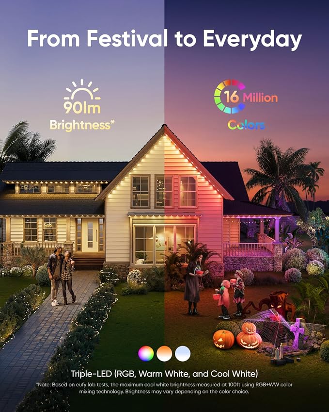 eufy Permanent Outdoor Lights E22, 100ft+ 50ft kit (Total 150ft) with 90 Triple-LED Lights, Smart RGBWW, Up to IP67 Waterproof, AI Lighting Themes for Halloween, Christmas, Links with Cameras, White - Image 2