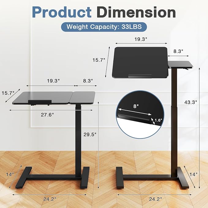 Adjustable Standing Desk Rolling Laptop Table with Wheels, Black | Tiltable Desktop Design for Comfortable Work, Reading and Study Spaces - Image 3