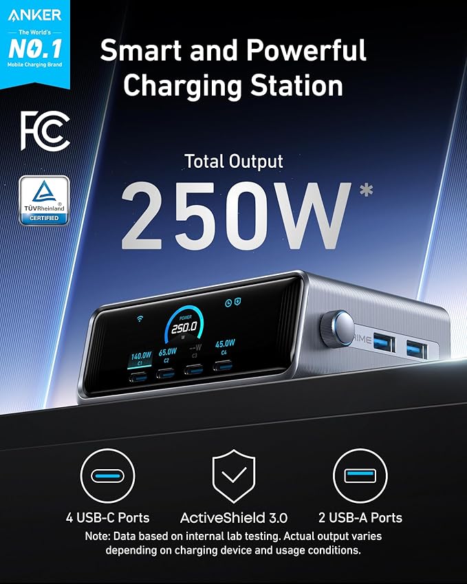 Anker Prime Charging Station, 250W 6-Port GaN USB C Charger, 2.26" LCD Smart Display Control, Compatible with iPhone, Galaxy, MacBook, Dell for Home Office, Gaming Desk Accessories - Image 2