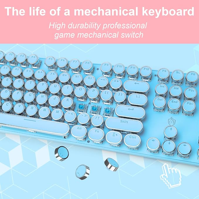 YSCP Typewriter Style Mechanical Gaming Keyboard White Backlit Wired with Blue Switch Retro Round Keycap 104 Keys Keyboard (Blue) - Image 4
