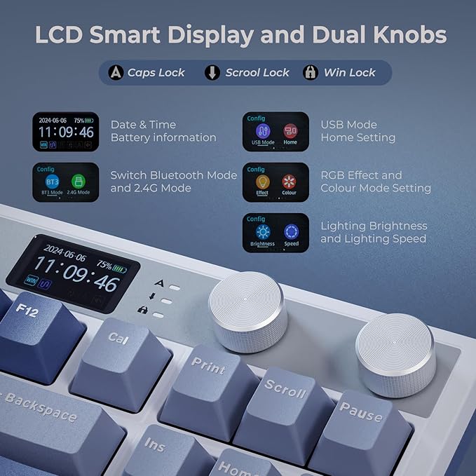 RK ROYAL KLUDGE M87 Wireless Gaming Keyboard with Screen & Dual Knobs, Blue | Bluetooth/2.4G/Wired, Hot Swappable Cream Switches, 5-Layer Noise Dampening Gasket Structure,Compact 75% Size for PC/WIN/Mac - Image 3