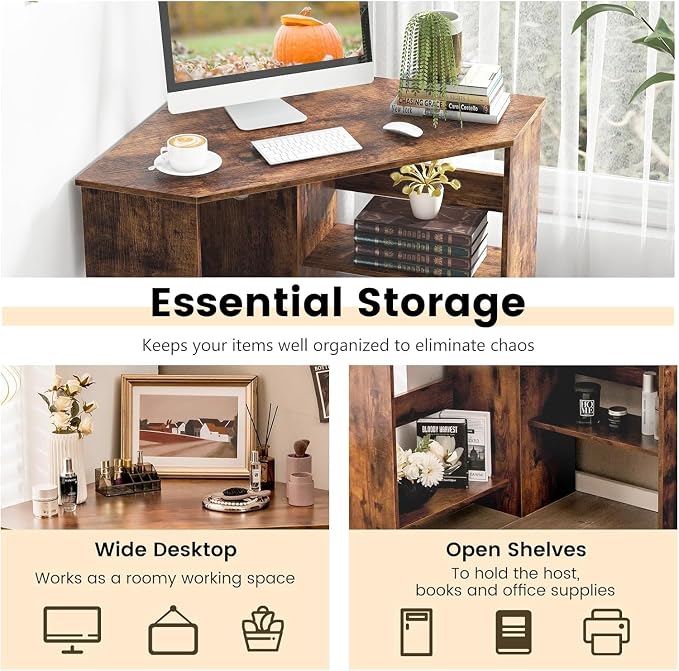 GOFLAME Corner Desk with Storage Shelves, Triangular Computer Desk with Cable Management Holes, Laptop Workstation for Small Space, Makeup Vanity Desk for Living Room, Study, Rustic Brown - Image 5