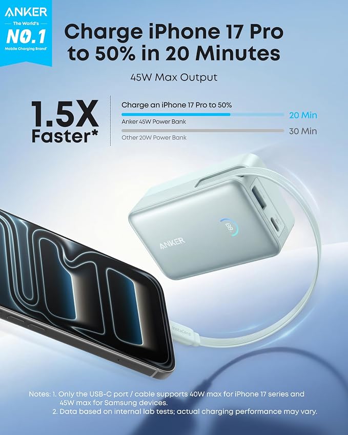 Anker Nano Power Bank, 45W 10,000mAh Portable Charger, iPhone Battery Pack | Built-In Retractable USB-C Cable, for iPhone 17 / 16 Series, iPad, Galaxy, Pixel, and More, Compact Travel Design - Image 2