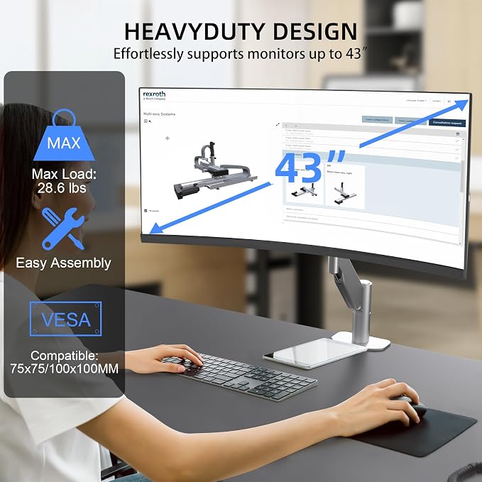 Suptek Ultrawide Monitor Arm Mount for 17 to 43 Inch Heavy Duty Curved Screen,Holds 28.6 lbs,Adjustable Gas Spring Monitor Arm Desk Mount Stand,75/100 Vesa Mount,Silver(MD71MS) - Image 2