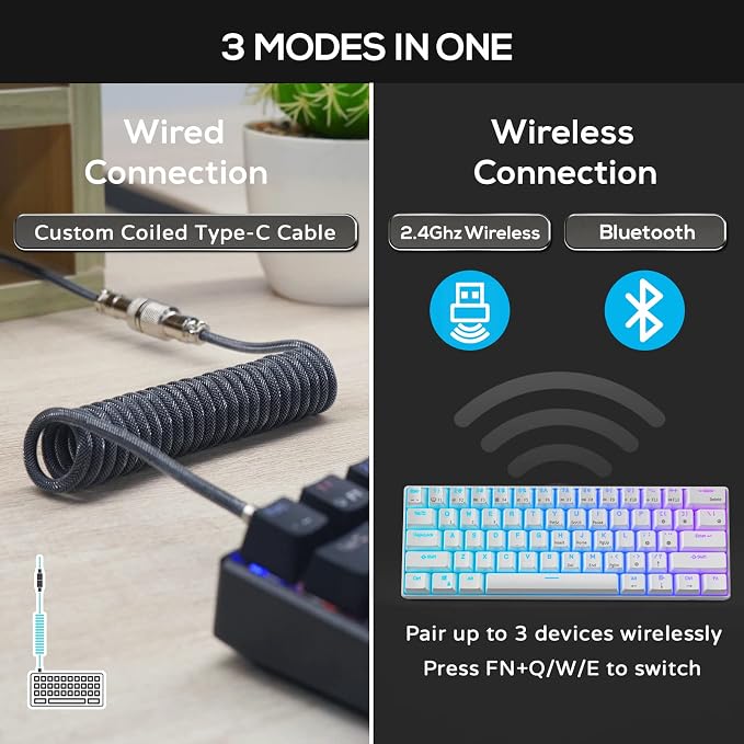RK ROYAL KLUDGE RK61 60% Wireless Mechanical Keyboard w/Coiled Cable, Black | RGB Gaming Keyboard with Bluetooth/2.4G/Wired, Hot Swappable 61 Keys Ultra-Compact for Win/Mac/PC Game, Tactile Brown Switch - Image 4