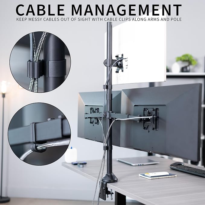 VIVO Premium Triple Ultra Wide LCD LED 27 to 38 inch Monitor Desk Mount, Heavy Duty C-clamp, Extra Tall Pole, Adjustable Telescoping Arms, Flush Wall Setup, Fits 3 Screens, Black, STAND-TS3CT - Image 9