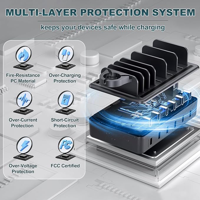 Charging Station for Multiple Devices, 6 in 1 Charger Station Multiple Charging Station for Cellphone Tablet iPhone iPad and More-50W Charging Dock with Mixed Charging Cables - Image 2