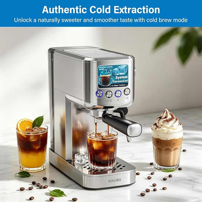 XIXUBX Cold Brew Espresso Maker with Steam Wand for Home & Office | Precise Pressure Gauge, 20 Bar Pump, 42 oz Water Tank, Milk Frothing Pitcher for Cappuccino & Latte, Brushed Stainless Steel - Image 2
