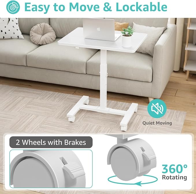 WINAZ Small Portable Rolling Desk Adjustable Height, 24 Inch Mobile Laptop Desk with Wheels for Dorm Room, C-Shaped Table for Sofa and Bed Side, Study Table for Students, White - Image 8