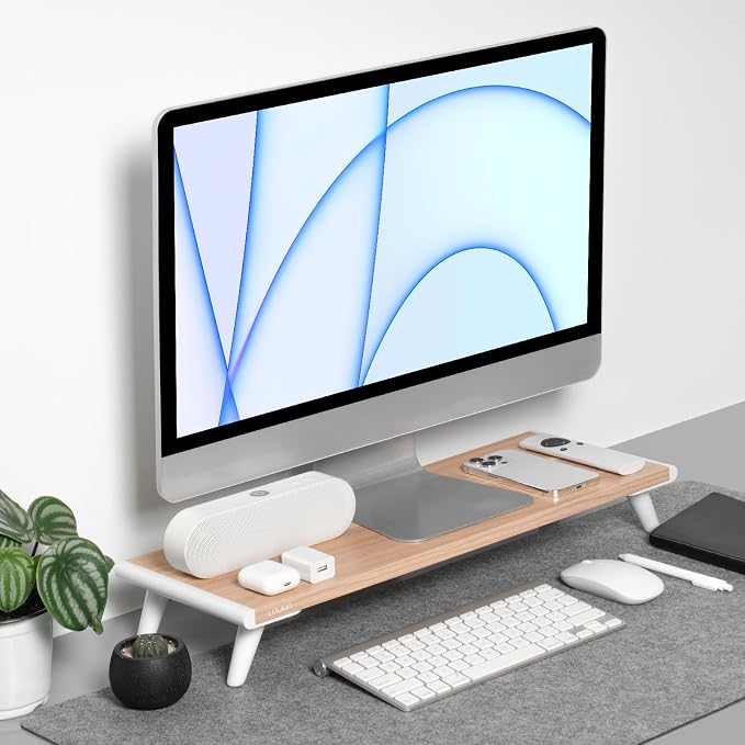 loukin Monitor Stand Riser for Desk, 22.4" x 8.3" Larger Computer Stand for Laptop, PC, Printer, Sturdy Desktop Computer Shelf with Non-Skid Rubber, Home Office, Natural Wood - Image 6