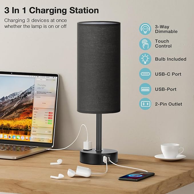 Fenmzee Black Bedside Lamp for Bedroom, Dimmable Touch, USB A+C, AC Outlet | 3-Way Dimmable, LED Bulb Included, USB C+A Charging Ports, Black Fabric Lampshade, Metal Base, 14in Small Table Lamp - Image 3