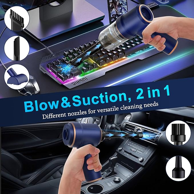 KMM Handheld Car Vacuum Cleaner, 9000Pa Vacuum Cleaner and Air Duster, 120W High Power Hand Held Vacuum with LED Light and Multi-Nozzles for Car, Home, Office, Pet - Image 2