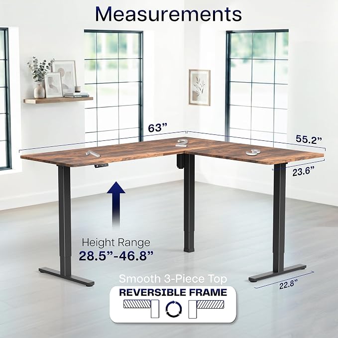 VIVO Vintage Brown 63 x 55 in Corner Standing Desk, DESK-E3CTN | Electric, Reversible L-Shaped Table, Sit Stand, Height Adjustable, Memory Controller, Office Furniture Sets, Black Frame - Image 5