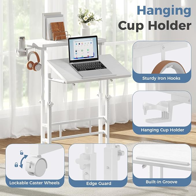 DUMOS Rolling Standing Desk, Sit Stand Desk, Computer Cart | Manual Height Adjustable, Split Top Mobile, Laptop Workstation, Portable Home Office, Walking Pad Study Surface, Modern White - Image 3