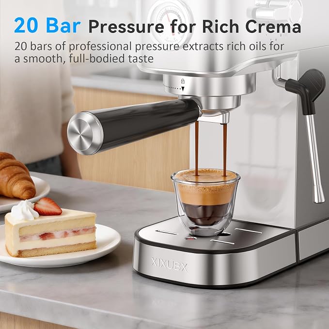 XIXUBX Espresso Machine with Milk Frother for Cappuccino & Latte for Home | 20-Bar Pump, Built-in Pressure Gauge, Powerful Steam Wand, Milk Frothing Pitcher, 42 oz Removable Water Tank, Stainless Steel - Image 4