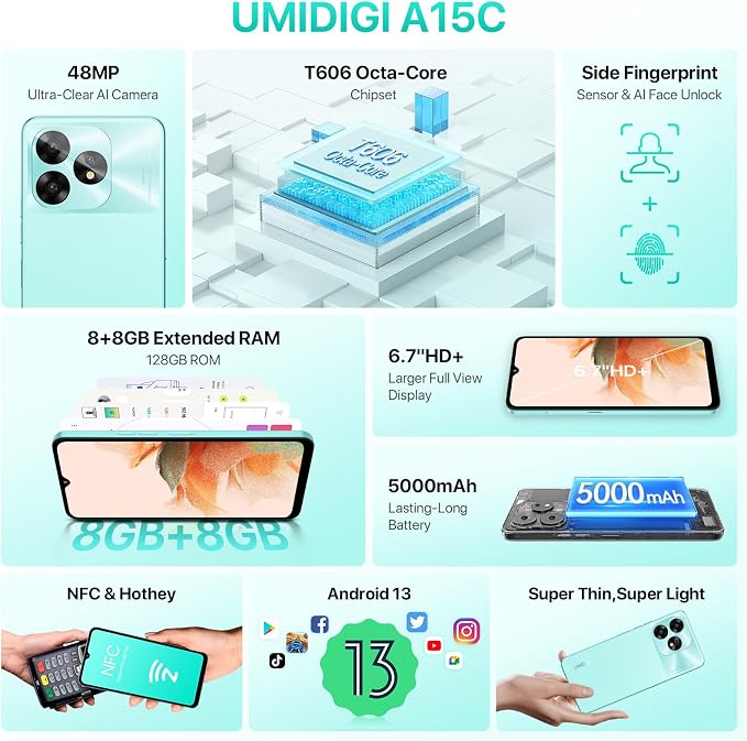 UMIDIGI A15C (8+8GB RAM+128GB ROM) Android 13 NFC Unlocked Cell Phone，48MP Ultra-Clear AI Camera Mobile Phone,5000mAh Battery Smartphone,6.7" HD Full View Display Dual Unlock Phone-Space - Image 3