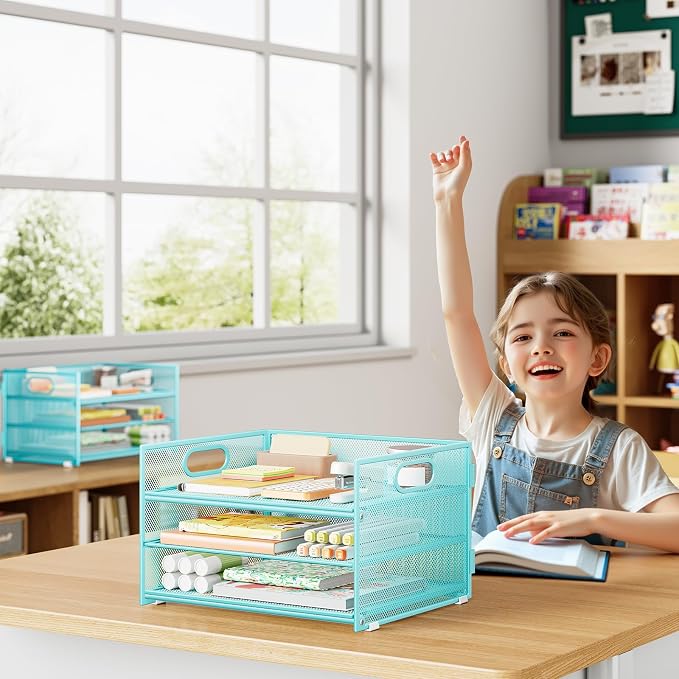 Subekyu 2-Pack 3-Tier Blue Metal Mesh Desk Paper Letter Tray & File Sorter Organizer with Handle + 1 Sliding Tray for Desk, Home, Office, School Supplies, A4 Paper and Accessories Storage - Image 4