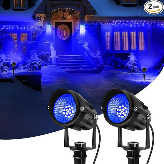Blue Landscape Lights Outdoor, 14 LED Landscape Lighting with US Plug, IP65 Waterproof Spotlights for Tree Yard Garden Pathway Halloween Christmas Decor 2 Pack by CREPOW