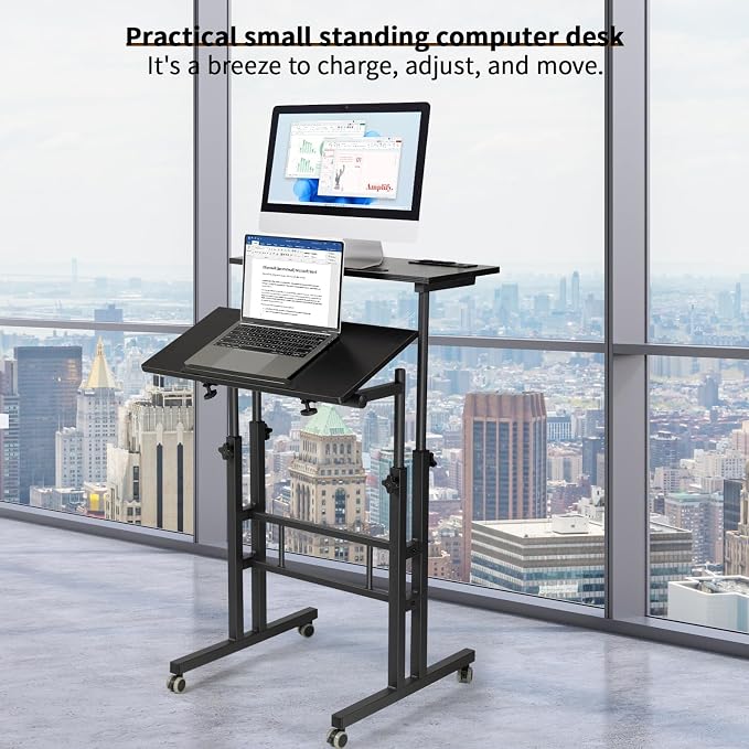Hadulcet Mobile Standing Desk with Charging Station, Adjustable Standing Computer Desk, Standing Adjustable Laptop Cart with Wheels for Home Office Classroom Black - Image 7