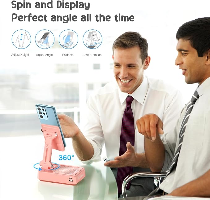 TechGlow Gifts for Men Women Foldable Cellphone Stand with Bluetooth Speaker and Charging Function 360° Rotatable Phone Stand Birthday Gift Idea for Mom Dad Cool Tech Gifts-Pink - Image 4