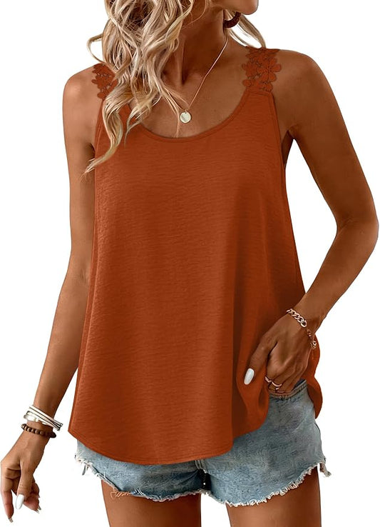 OFEEFAN Tank Top for Women Loose Fit Crew Neck Sleeveless Shirts Strap Lace Camisole Chiffon Summer Tops Curved Hem by OFEEFAN