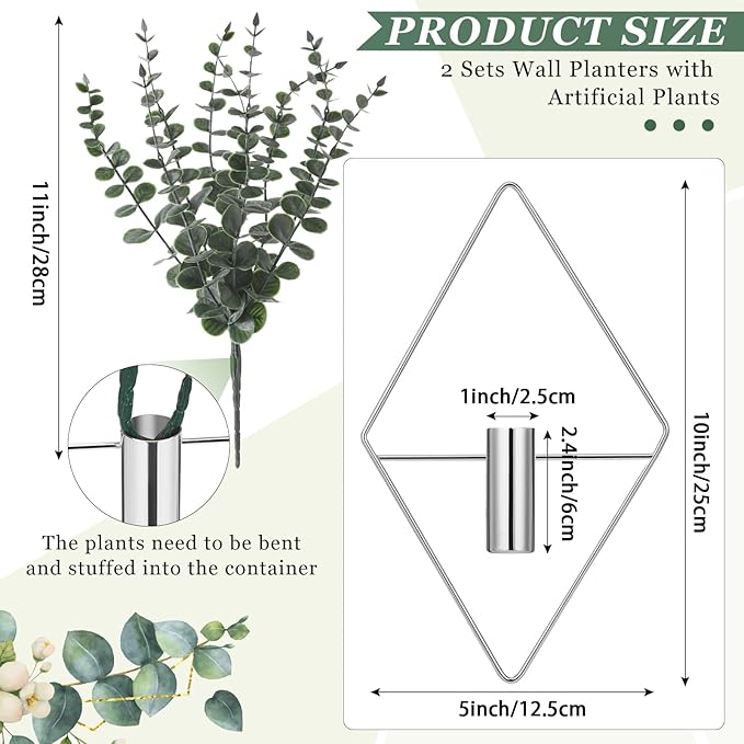 Jexine 8 Pcs Hanging Planters with Artificial Eucalyptus Metal Hanging Vase Indoor Plants Holder Modern Geometric Boho Bathroom Wall Decor for Living Room Home Office (Eucalyptus,Chrome Sliver) - Image 2