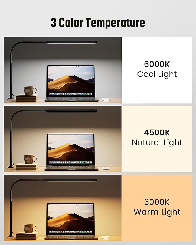 SUPERDANNY Eye-Caring LED Desk Lamp 360° Flexible Gooseneck Work Lamp with Desk Side Clamp Touch Control 3 Light Colors Smooth Dimming Task Lighting Reading Light for Home Office College Dorm, Black - Image 5