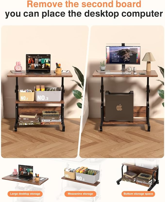 QZMDSM Portable Rolling Desk on Wheels Adjustable Height Desks for Small Spaces, 32" Computer Desk Drafting Tables with Storage Shelves for Home Office Rustic - Image 8