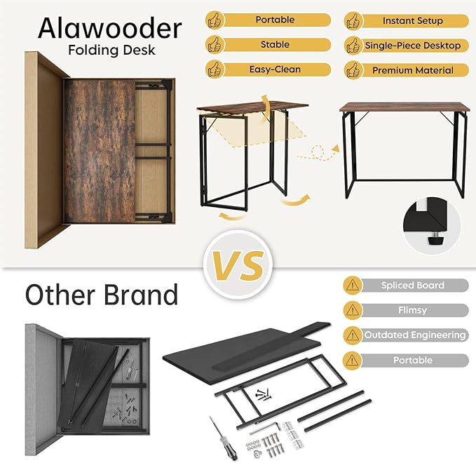 alawooder 31.5" Folding Desk: No Assembly, Wood Top for Small Spaces | Home office desk, holds 150 lbs, folds flat to 2.3 in, splash-proof wood top, sturdy metal frame - Image 8